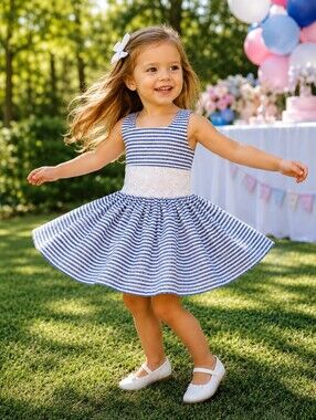 Blue & White Striped Eylet Waist Sundress for Kids